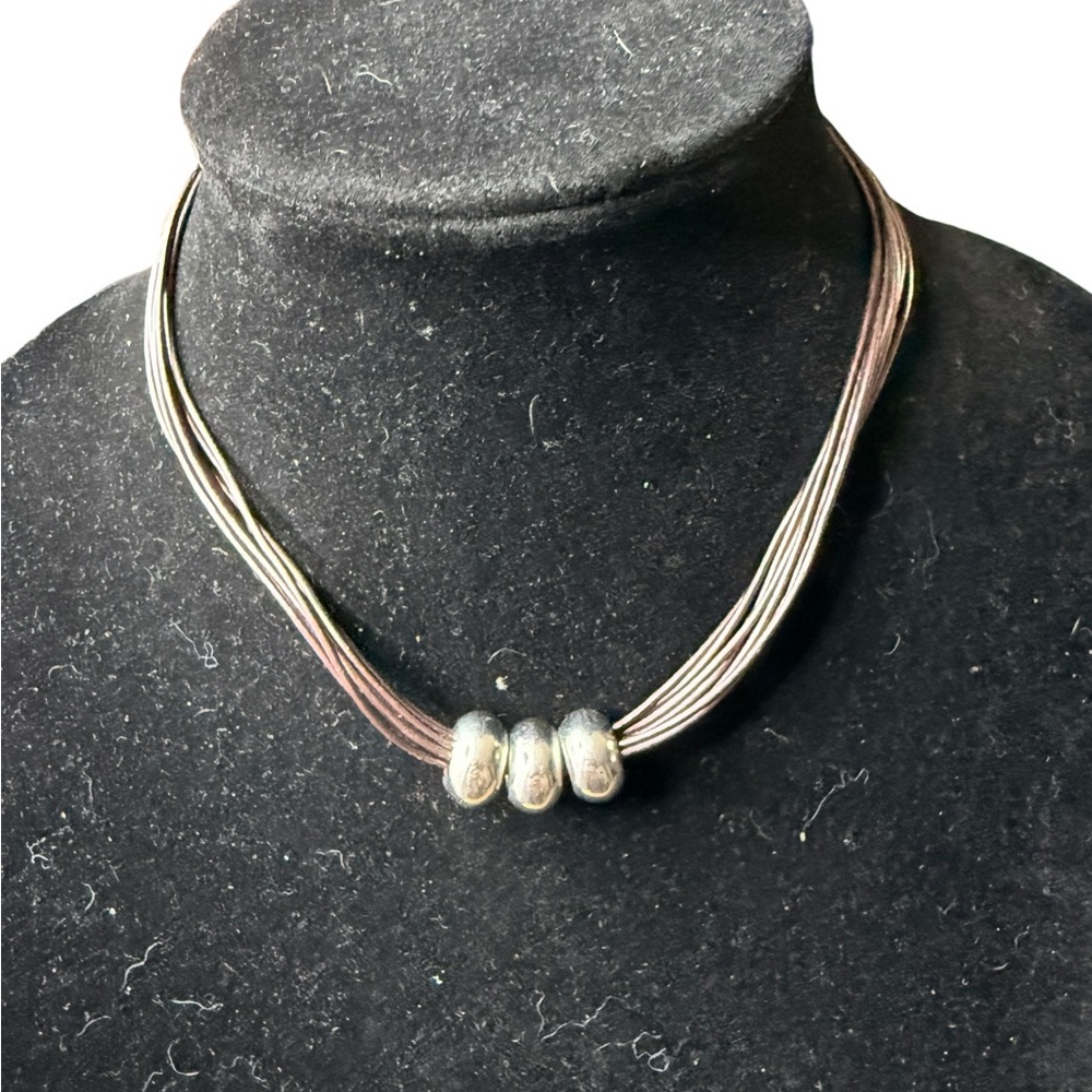 Vintage Sarah Coventry Silver Tone Collar Necklace On Brown Cord